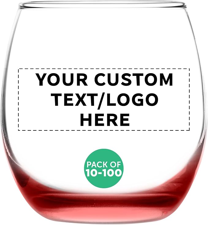 Custom Mikonos Stemless Wine Glasses 11.5 oz. Set of 10/50/100, Personalized Bulk Pack - Restaurant Glassware, Perfect for Red Wine, White Wine, Cocktails - Red