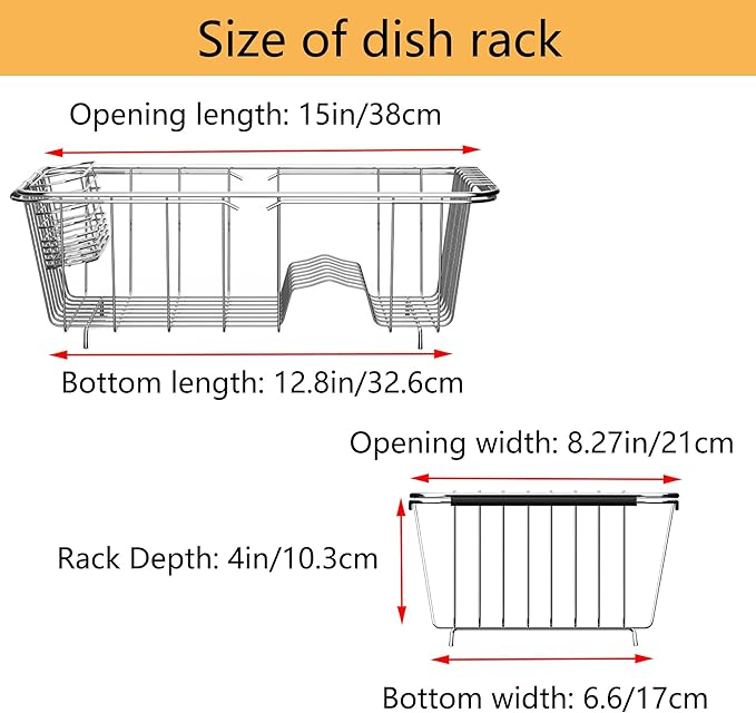 NiuYichee Stainless Steel Dish Drying Rack(14.2" L x 9.5" W x 4.1" H), Expandable Fruit & Vegetable Drain Rack Over Sink, Dish Drainer Rack in Sink, with Utensil Holder & 16" Silicone Mat