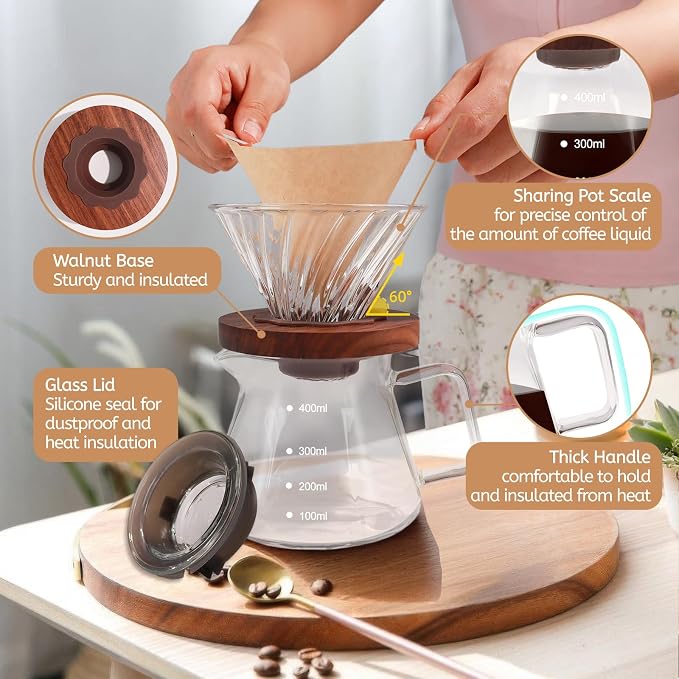 Pour Over Coffee Maker 400ml Borosilicate Glass Drip | Coffeemaker Server Set with 50pcs V60 Cone Paper Filters Walnut Collar Glass Lid Clear Hand Brew Dripper Carafe 13.5oz