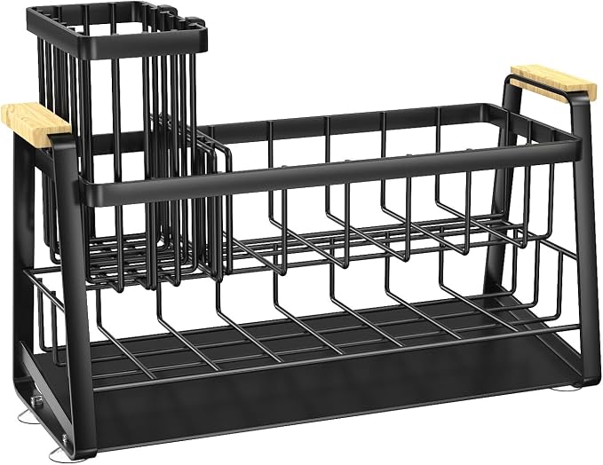 Housolution 2-Tier Sponge Holder for Kitchen Sink Caddy with Brush Holder | Auto-Draining, Suction Cups, Wooden Handle , Kitchen Sink Countertop Organization Storage, Dish Soap Holder, Rustproof, Black