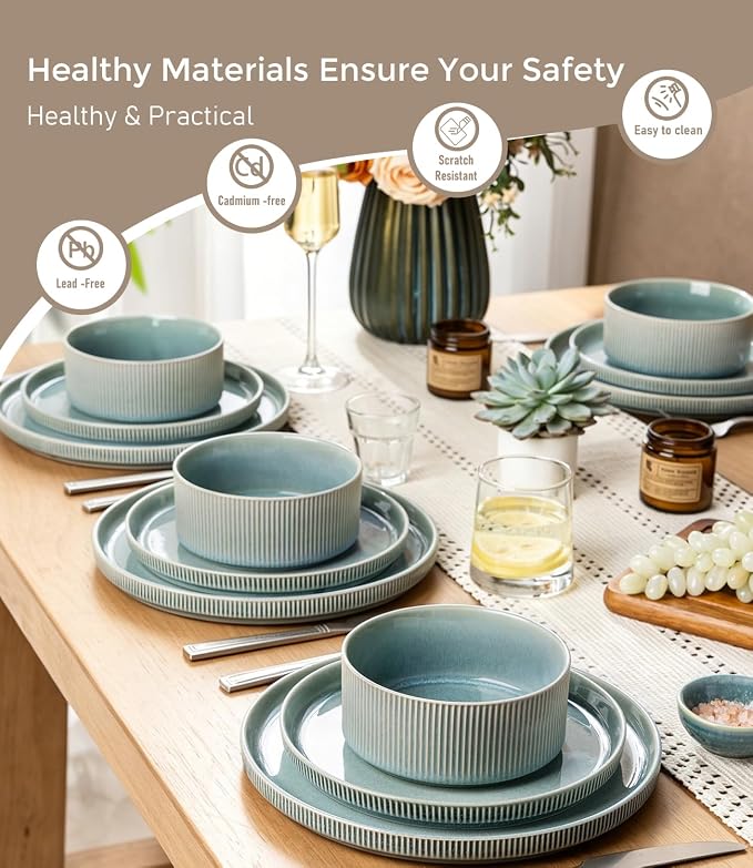 GBHOME Stoneware Dinnerware Sets for 8, 24-Piece Plates and Bowls Set | Handmade Reactive Glaze Ceramic Dish Set, Scratch Resistant, Dishwasher&Microwave Safe,Malachite Green