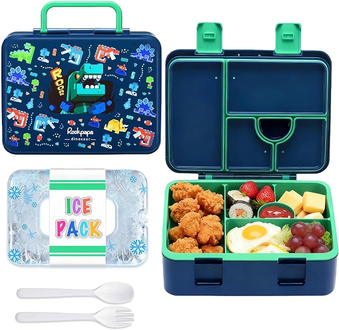rockpapa Chill Bento Box for Kids with Ice Pack, 5-Compartments, Dinosaur | Large 5.5 Cups, BPA-Free, Leak Proof, with Utensils & Handle, Microwave/Dishwasher Safe, for School, Picnic, Boys, Girls