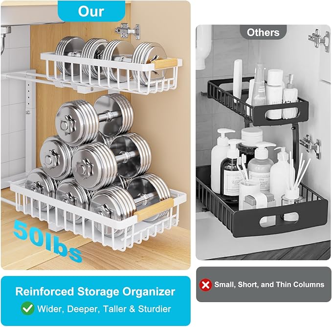 2 Pack Under Sink Organizer, Pull Out Cabinet Organizers, Adjustable Height 2-Tier Metal Slide Out Shelf for Bathroom Under Counter Storage, Kitchen Pantry Laundry Organization Rack, White