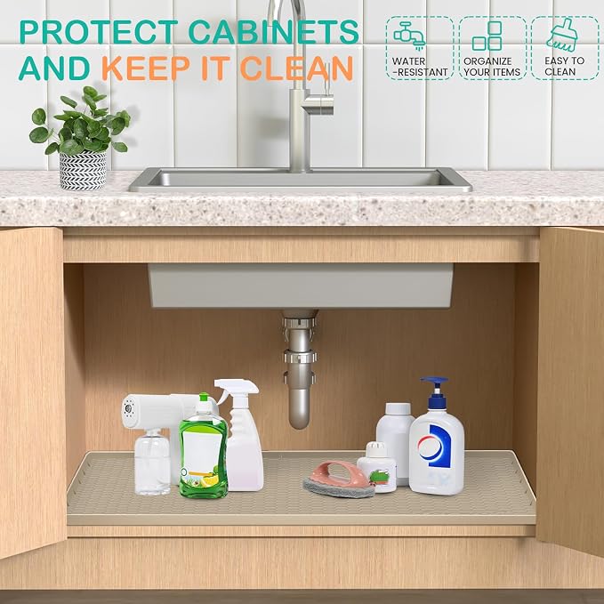 Silicone Under Sink Mat, 34"x22", Waterproof Cabinet Liner, Khaki | Shelf Liner, Cabinet Protector, Home Organizer, for Kitchen, Bathroom, Multipurpose, Leak Proof, Easy Clean, Drip Tray, Clean