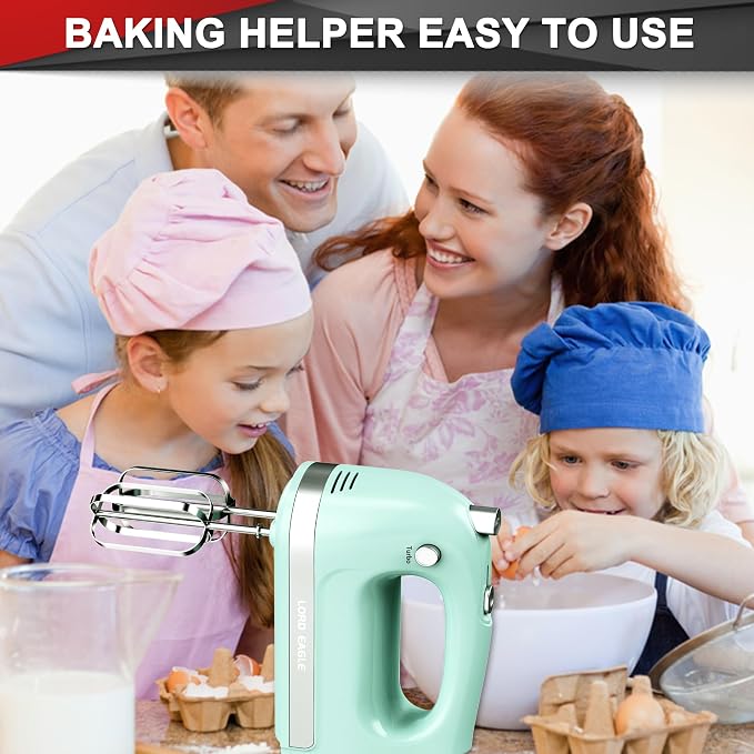 Lord Eagle Hand Mixer Electric Handheld 400W,5-Speed Lightweight, Green | Kitchen Mixer with Storage Case, 5 Stainless Steel Attachments for Baking Cake Egg Cream Food Beater, Turbo+Eject Button