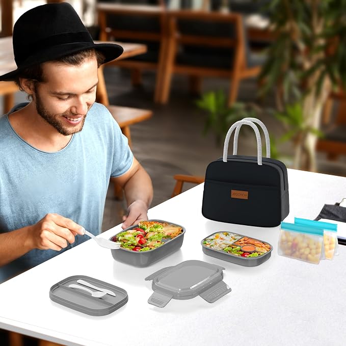 JBGOYON Leakproof Bento Box & Insulated Lunch Bag Set, 4-Piece, Black | 6-hour thermal retention, includes nested knife fork spoon, 2 reusable snack pouches, designed for adults and kids