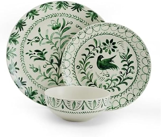 Fitz and Floyd Sicily Green 12-Piece Dinnerware Set - Stoneware Plates and Bowls Set for 4, Floral Green and White Dish Set, Microwave and Dishwasher Safe