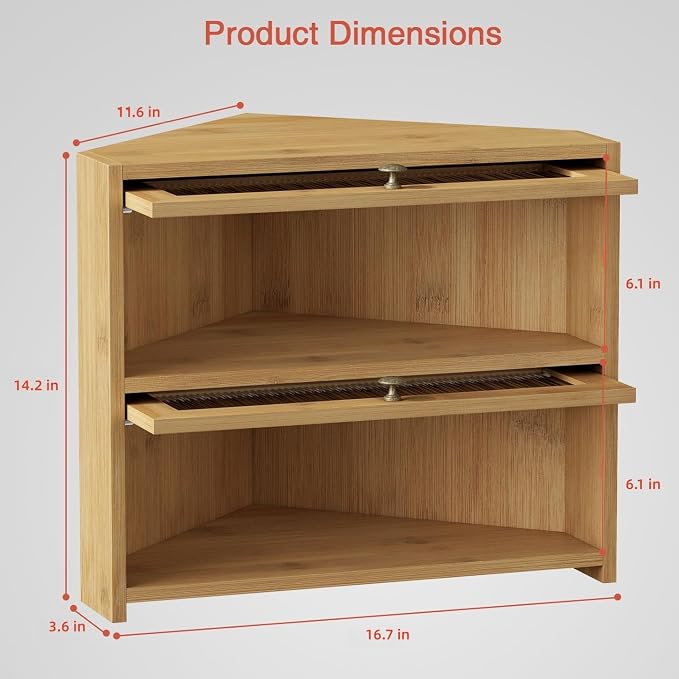 Goozii Corner Bread Box for Kitchen Countertop, Double Layer Bamboo Wood Breadbox for Homemade Bread, 2 Door Roll up Large Bread Storage Container Holder Cabinet for Counter top (Natural Color)
