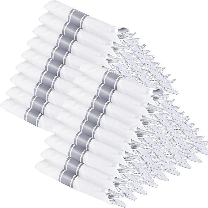100 Pack Pre Rolled Silver Plastic Silverware with Napkins | Prewapped Rolled Silverware Disposable Wrapped Cutlery Set(100 Forks, 100 Knives, 100 Spoons) for Wedding Party Catering
