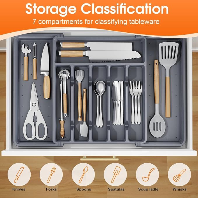 SpaceHacks Silverware Organizer，Adjustable & Expandable Drawer Organizer | Utensil Drawer Organizer, BPA Free Utensil Holder, Cutlery Tray for Forks, Spoons, Knives in Kitchen, Large, Grey
