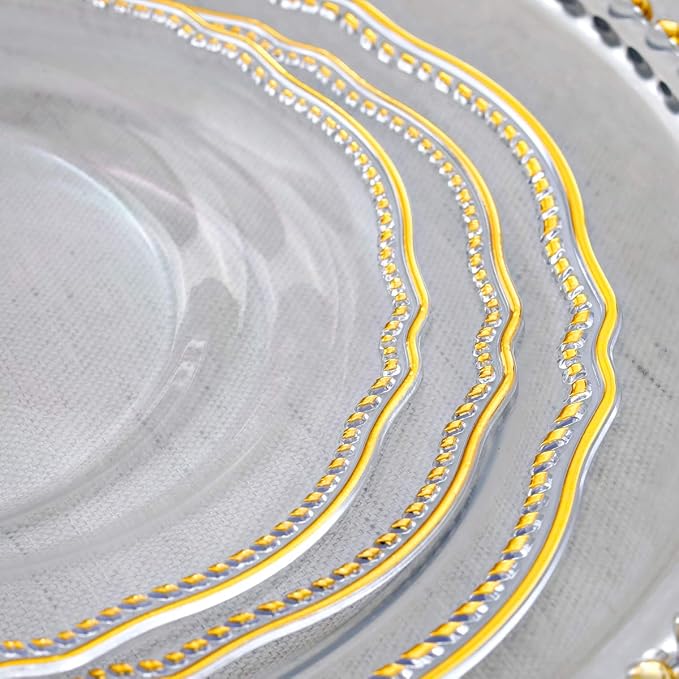175 Pcs Clear Gold Plastic Plates, Serves 25, for Wedding & Party | Clear plastic plates with elegant gold rim & glitter-handle cutlery. Perfect for weddings. Durable and easy to clean.