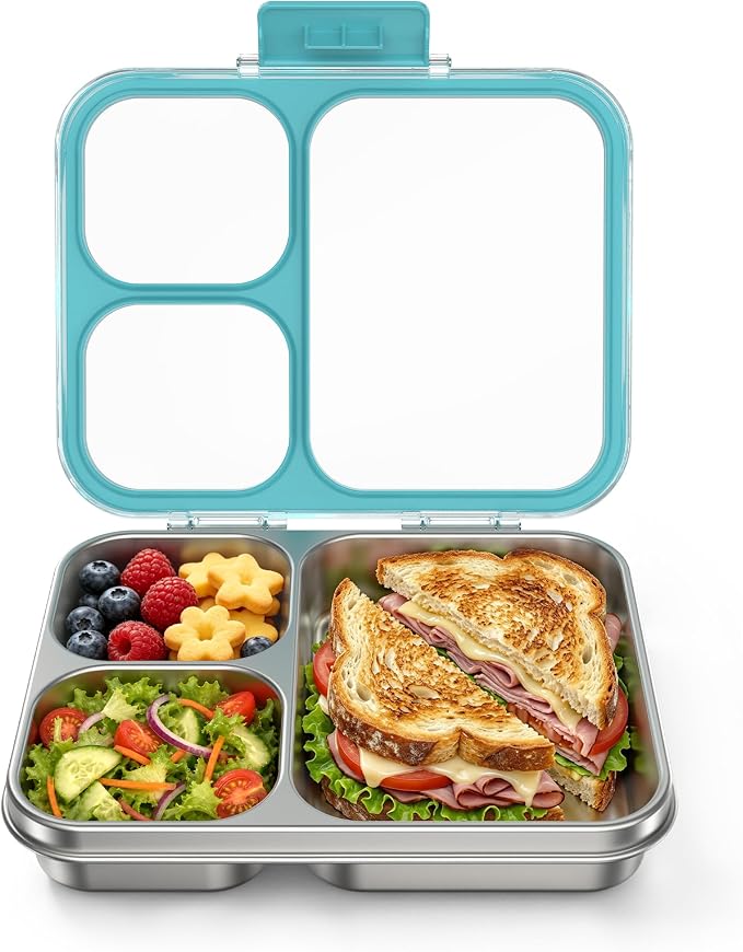 HOMEKOL Stainless Steel Bento Lunch Box 3-Compartment, 4.2Cups, Blue | Leak-Proof Metal Lunch Container for Kids & Adults, BPA-Free, Dishwasher Safe, Clear Tritan Lid, 1000ml (Not Insulated)