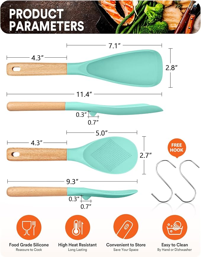 Cooking Spoon and Rice Scooper for Nonstick Cookware,Multi-function | Great for Cooking and Serving, Sturdy BPA-Free Matte Silicone, Wood Handle Spoon for Mixing, Scoop, and Scrape,9.3"+14.3"