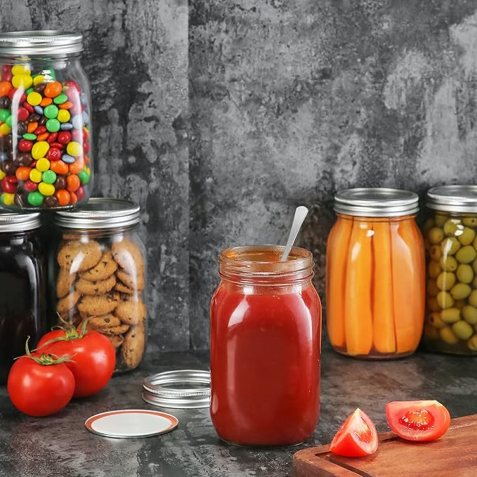 YEBODA 32 oz Wide Mouth Mason Jars with Lids, Glass Canning Jars, 6 Pack | Clear glass quart jars with two-piece lids and bands for canning, pickling, meal prep, overnight oats, and pantry storage.