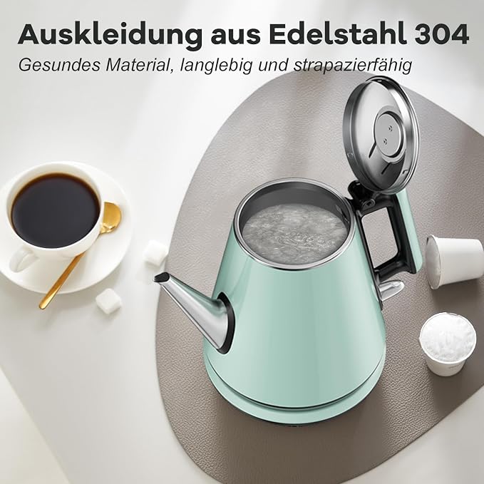 Small Gooseneck Electric Kettle 0.9L, 1000W, Pour Over, Green | 304 Stainless Steel BPA Free, Fast Boiling, Vintage Design, Auto Shut-Off, Dry Boil Protection, For Dorm Office Tea Coffee