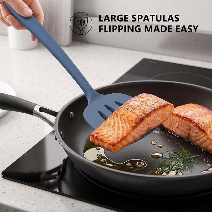Coukre 3 Pack Silicone Spatula Set, Heat Resistant to 500°F, BPA-Free | Fish Spatula, Solid & Slotted Turners, Dishwasher Safe, Spatula Set for Eggs, Pancakes, Fish & Burgers, PureDarkBlue