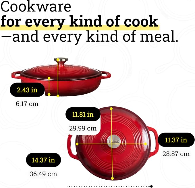 Lodge Essential Enamel Braiser 3.5 Quart - Refrigerator- & Oven-Safe up to 500° F - Heat-Retaining, Induction-Safe & PFAS-Free Enamel Cookware - Island Spice Red