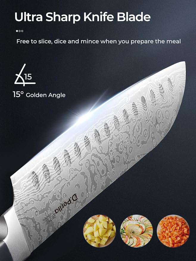 Knife Set, D.Perlla Kitchen Knife Set with Advanced Self-Sharpening Technology, 14 Piece Waved Texture Knife Set with Block, High Carbon Stainless Steel Knife Block Set, Razor-Sharp, Full Tang Handle