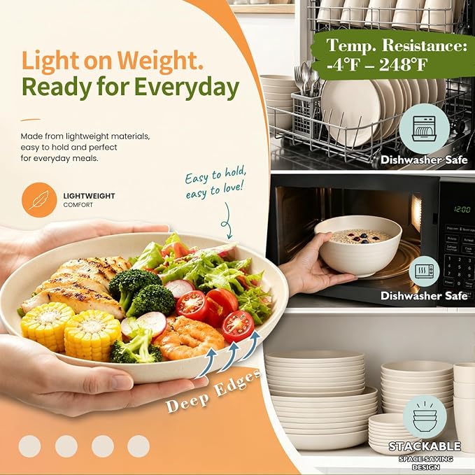 Unbreakable Plates Bowls and Cups Set, Wheat Straw Dinnerware Sets | 40PCS Dish Set, Bowls/Cups/Sauce Dishes/Deep Plate Sets for 8, Dishwasher Safe Daily Living Dinnerware for Dinner,Patio,Beige