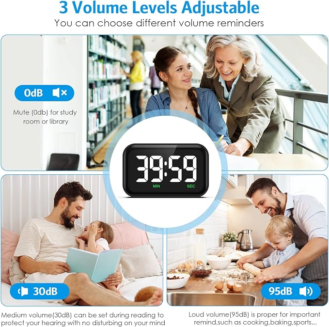 Digital Kitchen Timer, Large LED Display Count Up Countdown | Magnetic Classroom Timer, 3 Volume Levels, Visual Timer for Cooking/Office/Kids/Work/Study, Black (Battery Included)