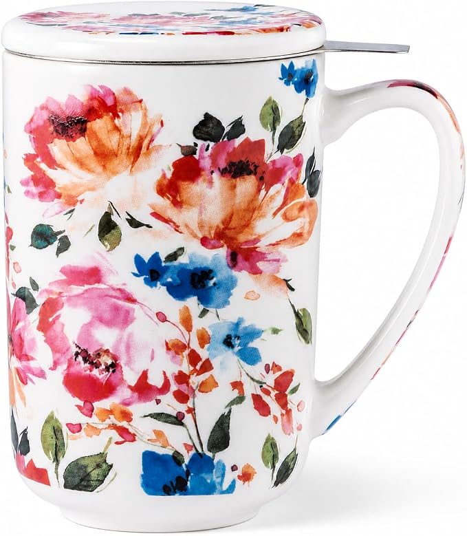 GBhome Tea Mug with Infuser and Lid,18 Ounce Ceramic Loose Leaf Cup Steeper | Lead-Free Glaze For Tea Lovers,Microwave & Dishwasher Safe with Tea Strainer