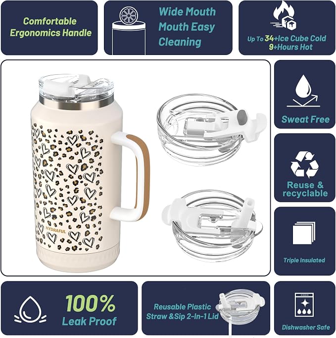 Hydraful 64 oz Tumbler with Handle and Straw - 100% Leak-Proof - Insulated Cup Reusable Stainless Steel Large Water Bottle Travel Mug for Gym, Hiking, and Camping - Gifts for Women Men Him Her