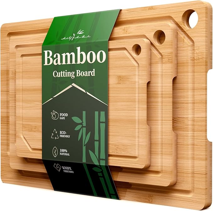 Kitsure Bamboo Cutting Board for Kitchen, Set of 3, Natural | Multi-Sizes Wooden Cutting Boards for Chopping & Serving, Convenient Kitchen Essentials, Deep Juice Grooves