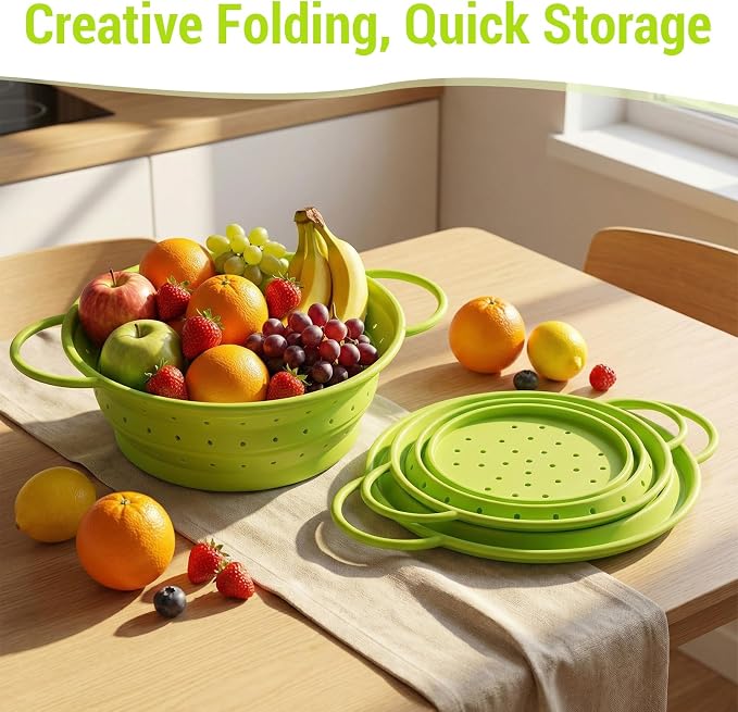 3 Pack Collapsible Colander with Strainer Bowl Set,Green | 11 & 13 In Silicone Colanders for Kitchen, Heat-Resistant Strainer Dishwasher Safe Baskets for Vegetable Fruits