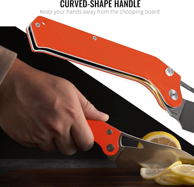 Folding Kitchen Chef Knife, 4.4" Foldable Camping Knife with 10cr15mov Stainless Steel Blade, Anti-skidding and Ergonomic Designed G10 Handle for both Indoor and Outdoor Cooking