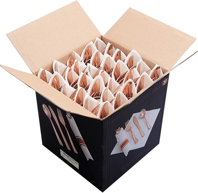 30 Pack Pre Rolled Rose Gold Plastic Silverware, Linen Napkin | Heavy Duty Disposable Wrapped Flatware Cutlery Set for Bridal Showers, Weddings, Birthdays & Graduations