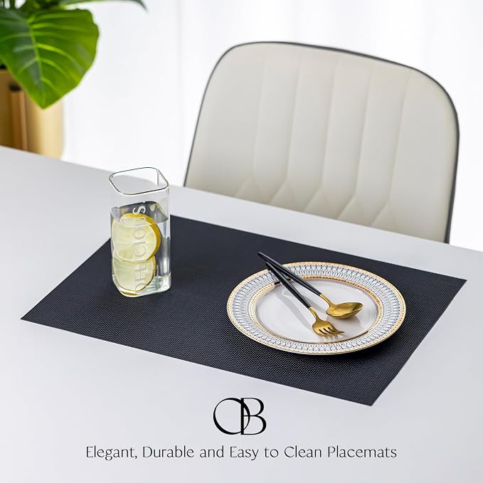 Placemats Set of 12 - Easy Clean Woven Vinyl Placemats for Dining Table, Indoor/Outdoor Place Mats, Washable PVC Table Mats（Black）