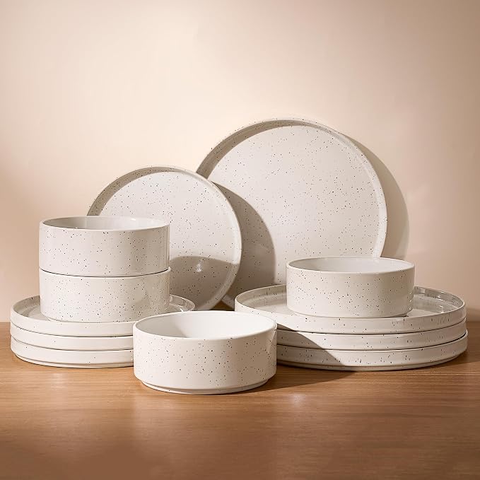 Famiware Nebula 12-Piece Stoneware Dinnerware Set, Creamy White | Plates and Bowls with Reactive Glaze and Colorful Speckles, Chip & Scratch Resistant, Microwave & Dishwasher Safe
