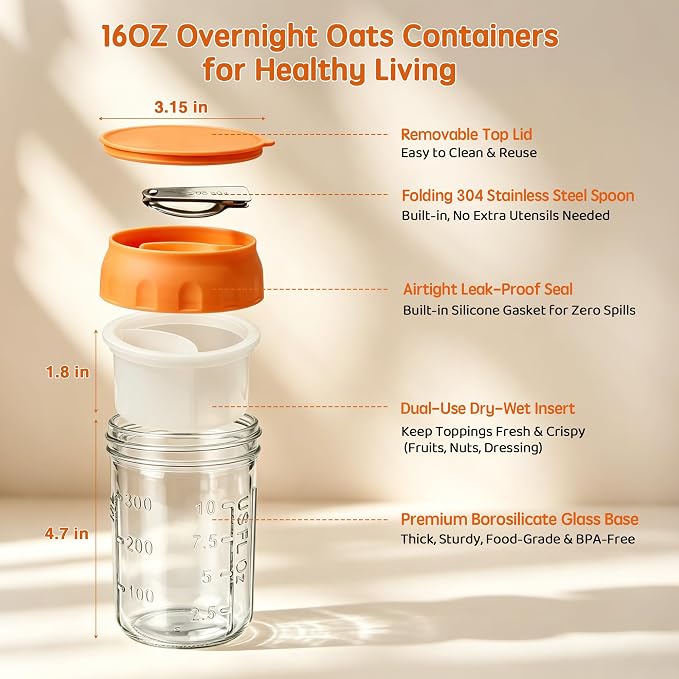 16oz Overnight Oats Containers with Lids & Folding Spoons, 4 Pack Glass Meal Prep Jars with Divided Compartments, Leakproof Airtight Mason Jars for Oatmeal Yogurt Parfait Fruit Snack