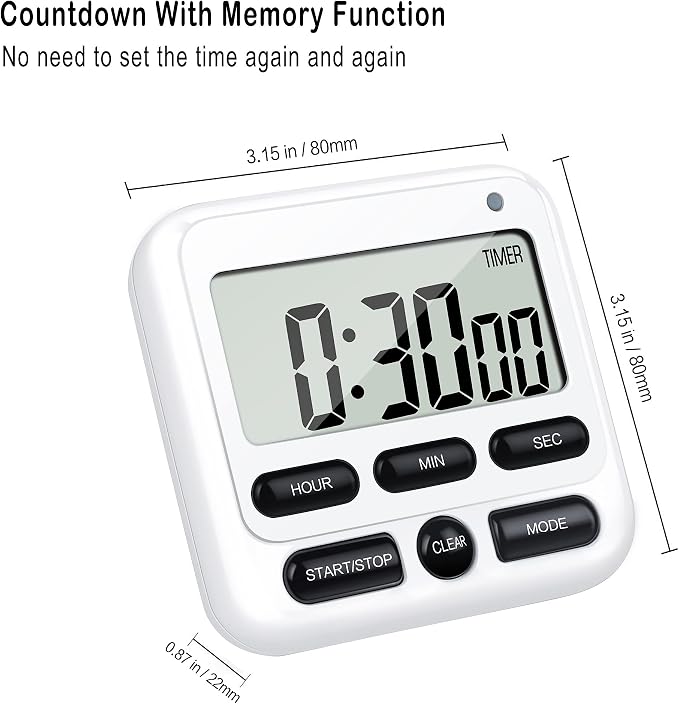 4-in-1 Digital Timer with Count Up/Down, Clock & Alarm, Ring & Silent Modes | Large 2.8-Inch easy-read LCD, On/Off switch, 24-Hour count up/down, Fast-forward function, Magnetic back, stand, hanging hole