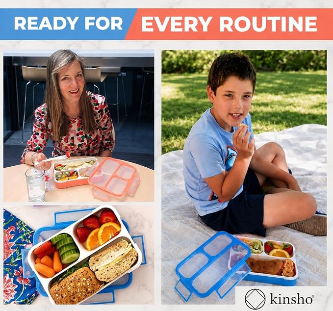 Kinsho Bento Lunch Boxes For Adults Or Kids | Large 3 Compartment Containers With Dividers For Meals And Snacks For School Or Work Lunches, Women Men Includes Utensils | Coral Blue 2 Pack