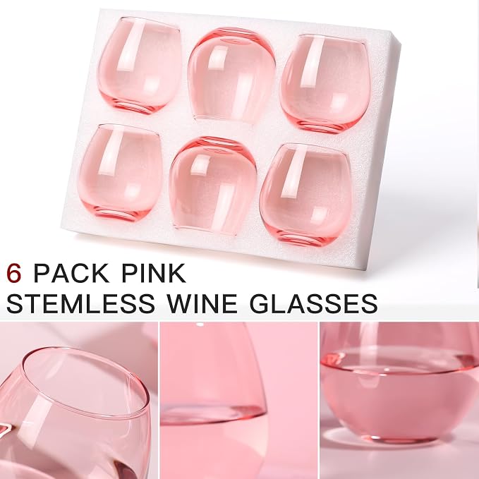 Pink Wine Glasses Set of 6-15oz -Colored Stemless Hand-Blown Wine Glasses, European Design Crystal Glass For Red & White Wine, Unique Gifts for Wedding, Birthday