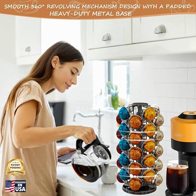 Nespresso Pods Holder Tower Stand,Vertuo Pod Holder 40 Pods Capacity,Black | Coffee Pods Holder Organizer Fits Vertuo Pods, 360°Revolving Pod Carousel, Space-Saving for Countertop,No Assembly Required