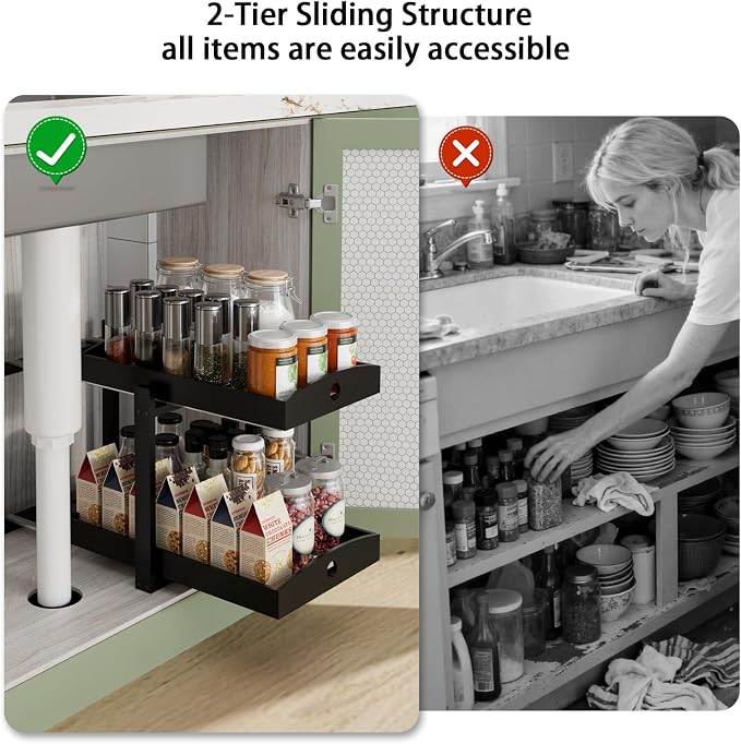 2 Pack Bamboo Under Sink Organizer, 2-Tier Sliding Drawers for Cabinets | Pull-out drawers keep cleaners and tall bottles visible, organized and easy to reach in kitchen or bathroom cabinets