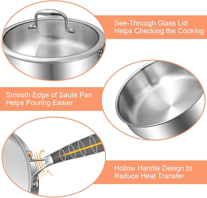 EWFEN 12 Inch Tri-Ply Stainless Steel Frying Pan, Compatible with All Cooktops Up to 600℉, Large Frying Pan with lids, Induction-Ready Skillet, Dishwasher and Oven Safe, Even Heat, 12" Saute Pan+Lid
