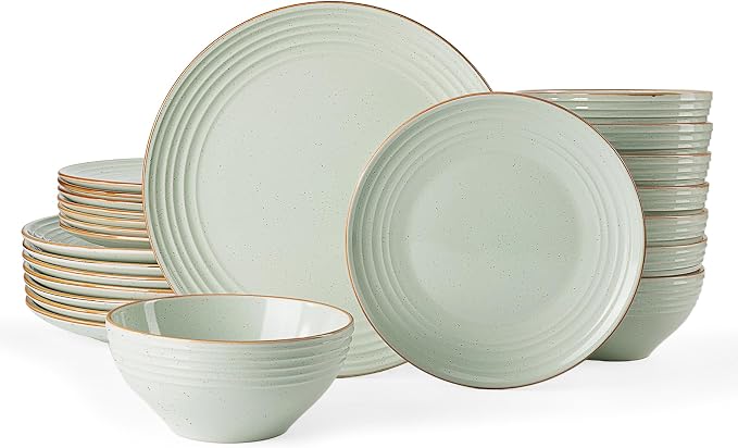 Famiware Jupiter Stoneware Dinnerware Sets for 8, Rimmed Plates and Bowls | 24-Piece Ceramic Speckled Dish Set, Chip & Scratch Resistant, Microwave & Dishwasher Safe, Rustic Modern Style, Neutral Green
