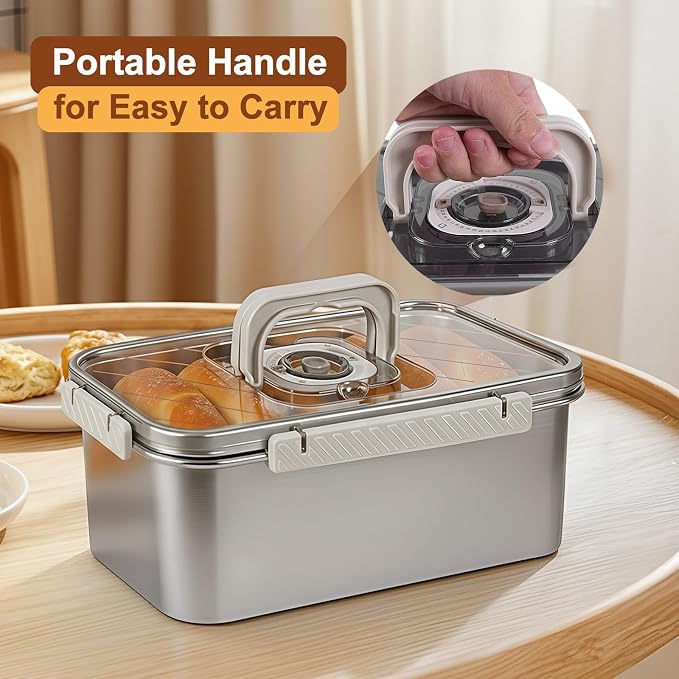 Gifhomfix Bread Box Airtight 304 Stainless Steel Bread Container, Dishwasher Safe Bread Storage for Homemade Bread, Time Recording Bread Storage Container with Lid and Handle