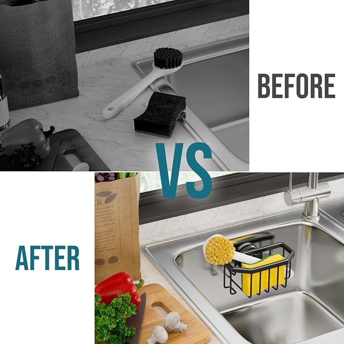 TAILI Sponge Holder for Kitchen Sink with Strong Suction Cup-Black | Removable Sink Caddy for Kitchen Sink Oganizer, Rustproof Aluminum Sink Sponge Holder for Scraper Brushes, Stoppers