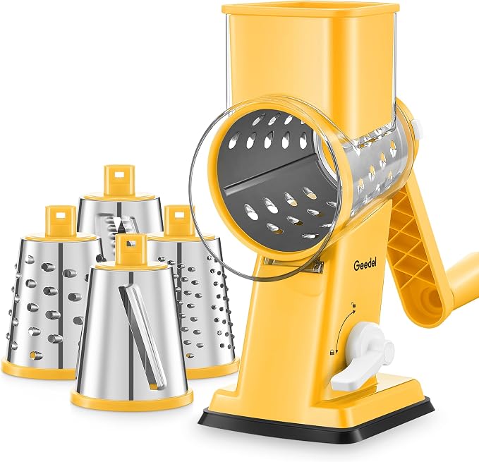 Geedel Upgraded Rotary Cheese Grater Hand Crank, Vegetable Shredder Slicer | 4 Blades, Stronger Suction Base, Wider Chute, 18x Faster Cutting, No BPA, Stainless Steel, for Cheese, Veggies, Nut