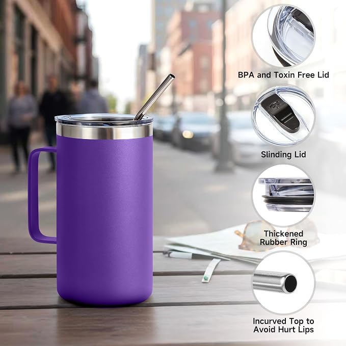 Volhoply 22oz Insulated Stainless Steel Coffee Mugs with Leakproof Lid Bulk 2 Pack,Double Wall Vacuum Travel Coffee Cup with Handle,Reusable Metal Tumbler,Camping Mug Keep Hot&Cold(Purple,2)