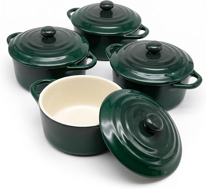 Kook Mini Cocotte, Lids, Handles, Dutch Oven, Set of 4, 12 oz, Forest Green | Individual Baking Ramekins, Microwave Dishwasher Safe Stoneware, Small, Bread, Sourdough, Souffle, Casserole, Oven Safe 500F