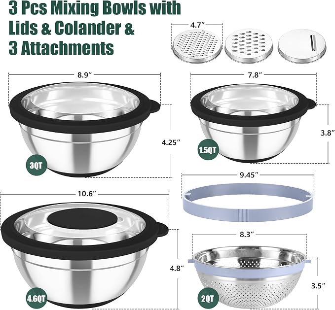 TeamFar Mixing Bowls with Colander, Stainless Steel Salad Bowls, Black | 4.6/ 3/ 1.5 QT Nesting Bowls Rotatable Fruit Strainer, with Lids & 3 Graters, Non-Slip Bottom & Visible Lid, Dishwasher Safe