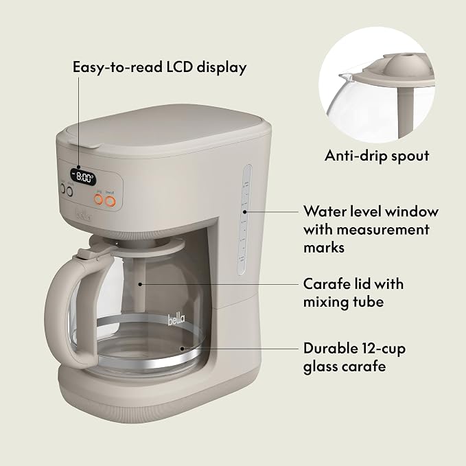 BREW 12-Cup Programmable Coffee Maker with No-Drip Glass Carafe, Oatmilk