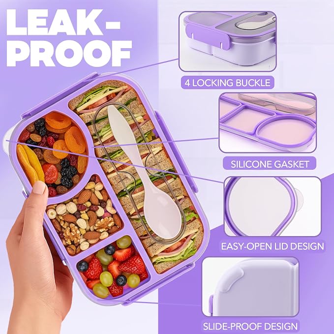 Bento Box for Adults, 4 Compartments Lunch Box, Lunch Containers, Purple