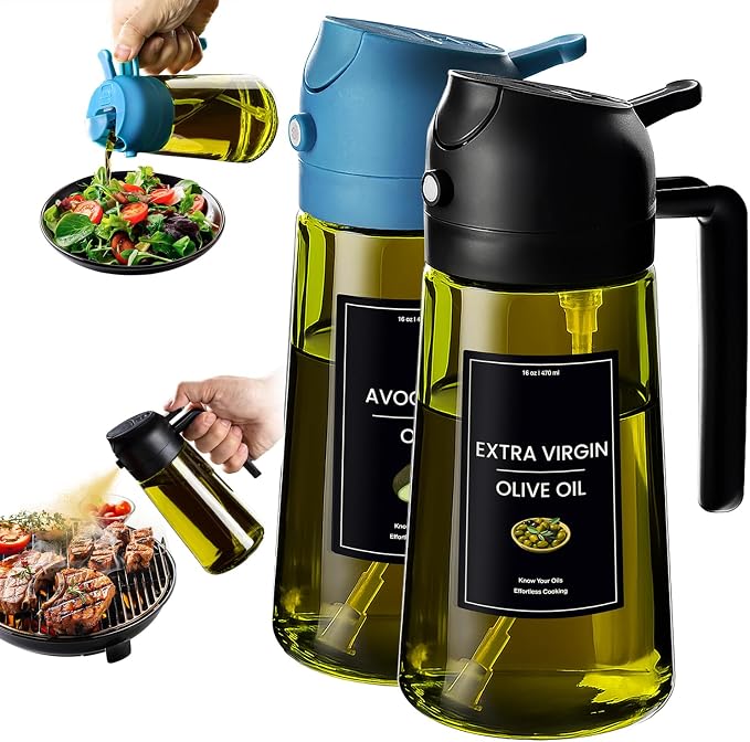 CXINYI - 16oz/470ml Olive Oil Dispenser for Kitchen with Stickers - 2 in 1 Olive Oil Sprayer for Cooking, Air Fryer, and Salad, Black&Blue (Light-Proof Kitchen Gadget)