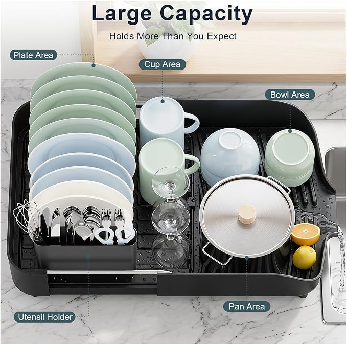 PULIDIKI Dish Drying Rack, Expandable Dish Rack for Kitchen Counter | Stainless Steel Dish Drainer with Utensil Holder, Kitchen Plate Organizer for Cup and Bottle